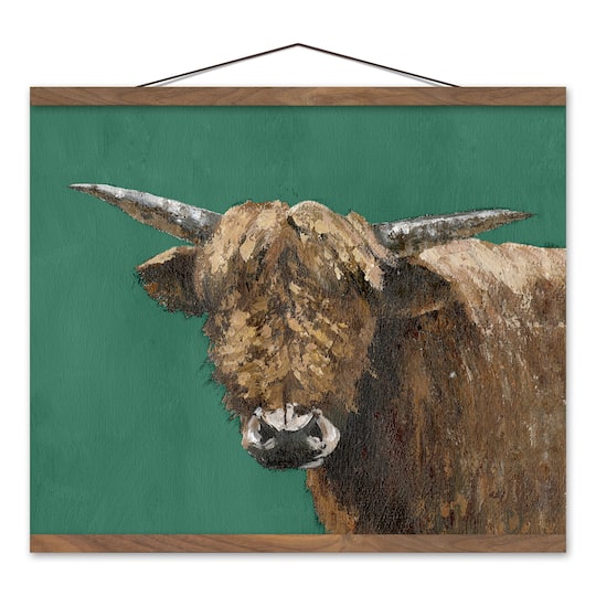 Brown Cow On Emerald 20" x 16" Teak Hanging Canvas